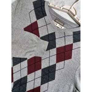 Denver Hayes Argyle Sweater Mens M Grey Merino Wool Blend V-Neck Preppy Academia